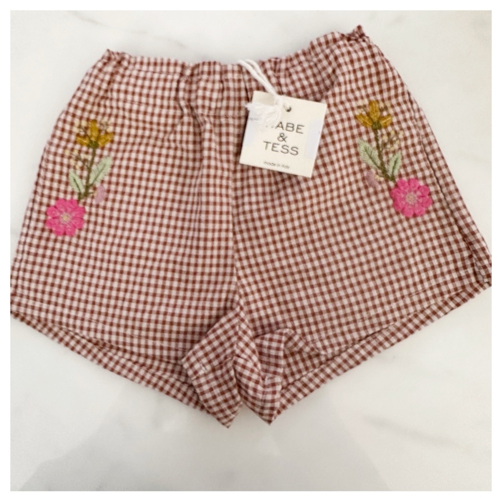 NWT Babe & Tess embroidered gingham shorts elastic waist‎ Mini Pant brick 12 mn